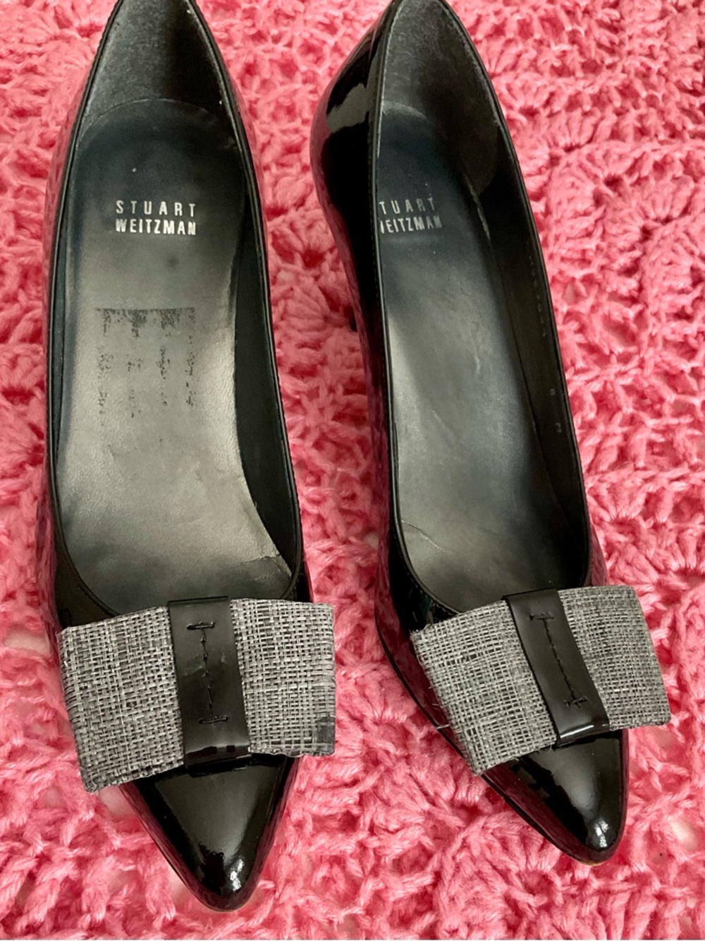 Stuart Weitzman Black Patent Pointed Toe Flats with Gray Bow Accent